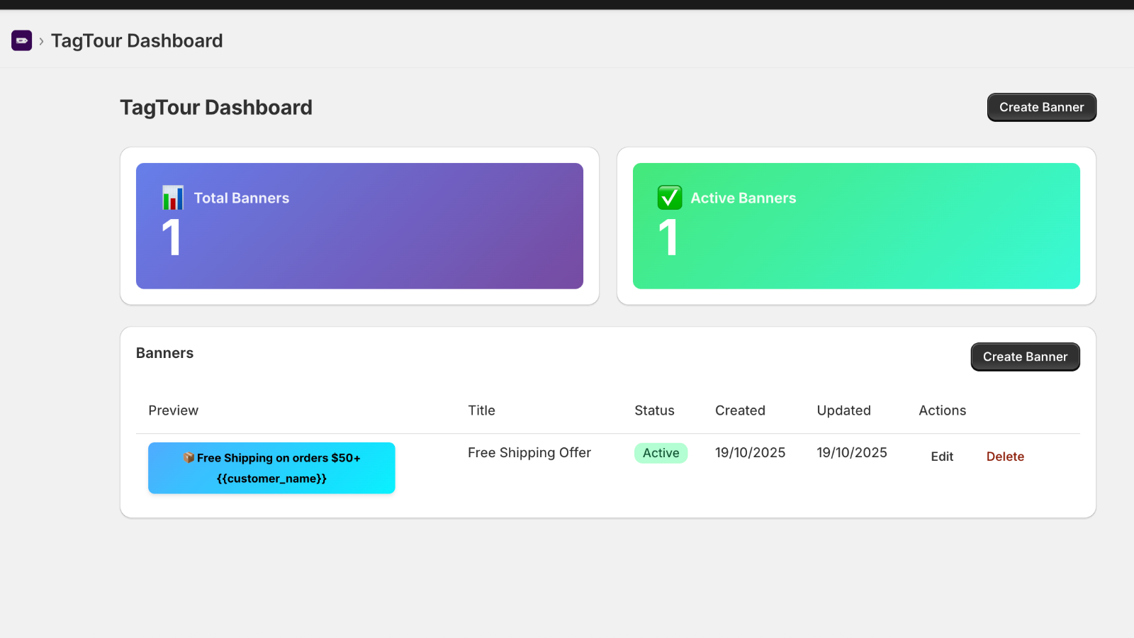 TagTour dashboard showing active banners overview with analytics